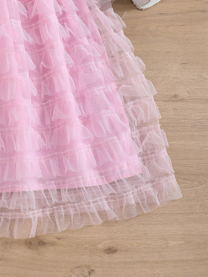 Summer Girls Sweet And Cute Sleeveless Solid Color Cake Fluffy Princess Dress Fashionable Casual Mesh Dress