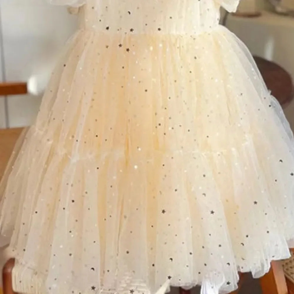 Bear Leader Summer Sweet Girls Casual Dresses Sequined Mesh Princess Dress Short Sleeve Korean Version Elegant Kids Clothes