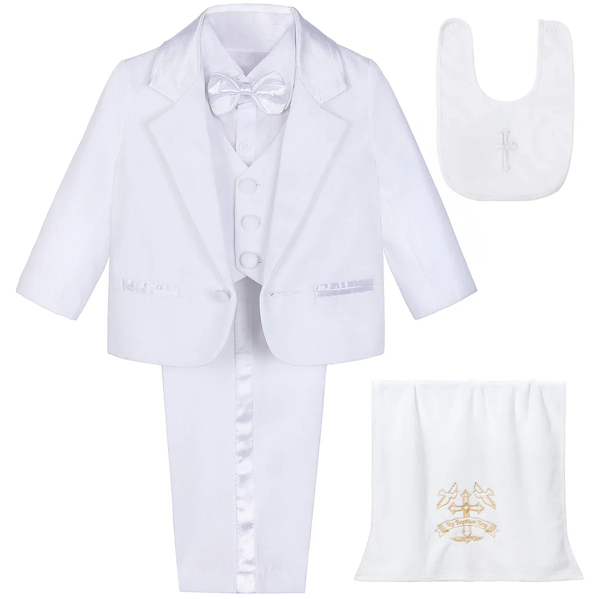 Baby Boy Baptism Outfit Infant White Christening Suit with Hat Toddler Wedding Birthday Party Clothing Long Sleeved Tuxedo 5PCS