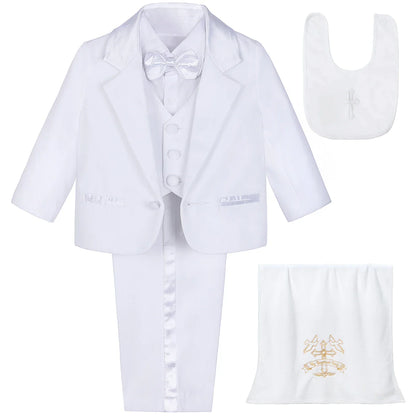 Baby Boy Baptism Outfit Infant White Christening Suit with Hat Toddler Wedding Birthday Party Clothing Long Sleeved Tuxedo 5PCS