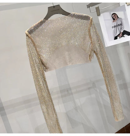 new sexy bright diamond short top Slim thin Ms. hot drill long-sleeved T-shirt sexy leak waist nightclub