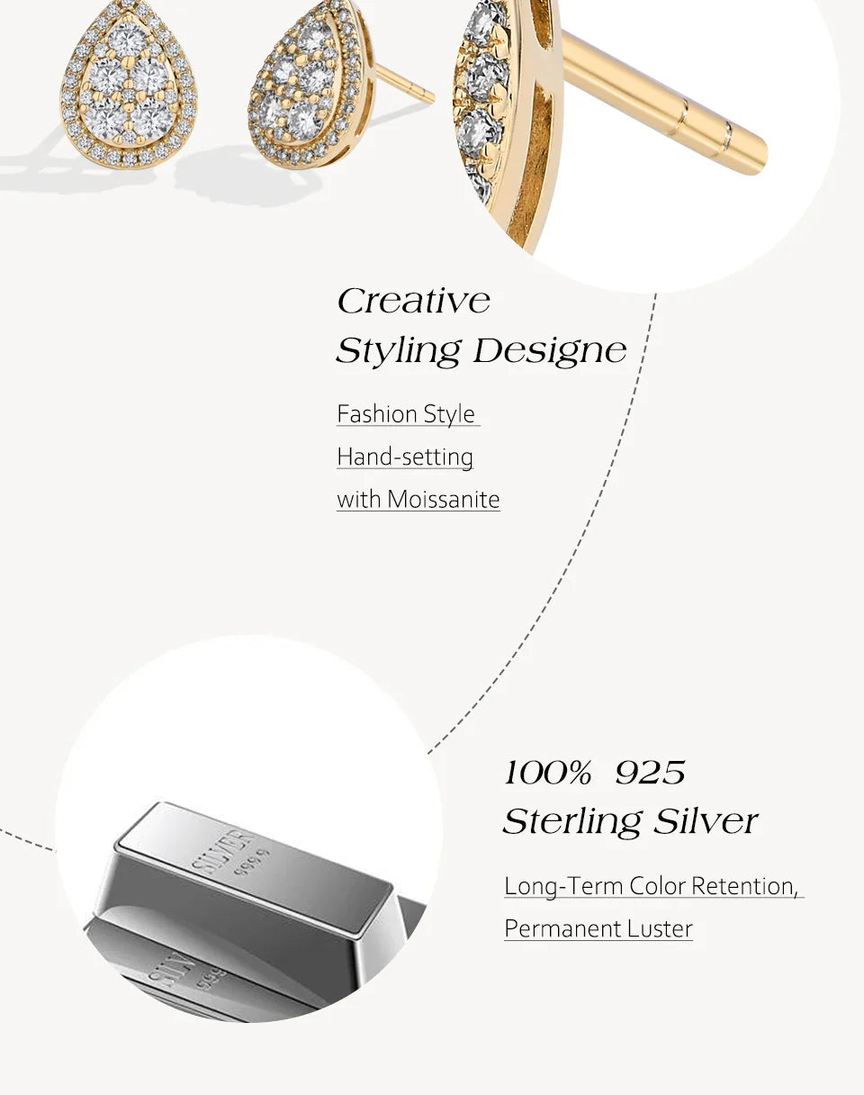 Teardrop Shape Earrings Moissanite DVVS1 Round Cut 925 Sterling Silver Gold Plated For Women Wedding Party Jewelry Gift
