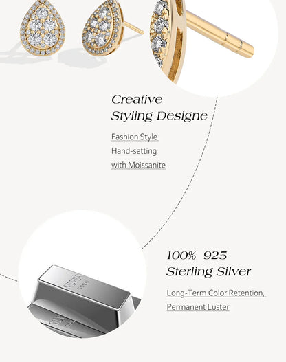 Teardrop Shape Earrings Moissanite DVVS1 Round Cut 925 Sterling Silver Gold Plated For Women Wedding Party Jewelry Gift