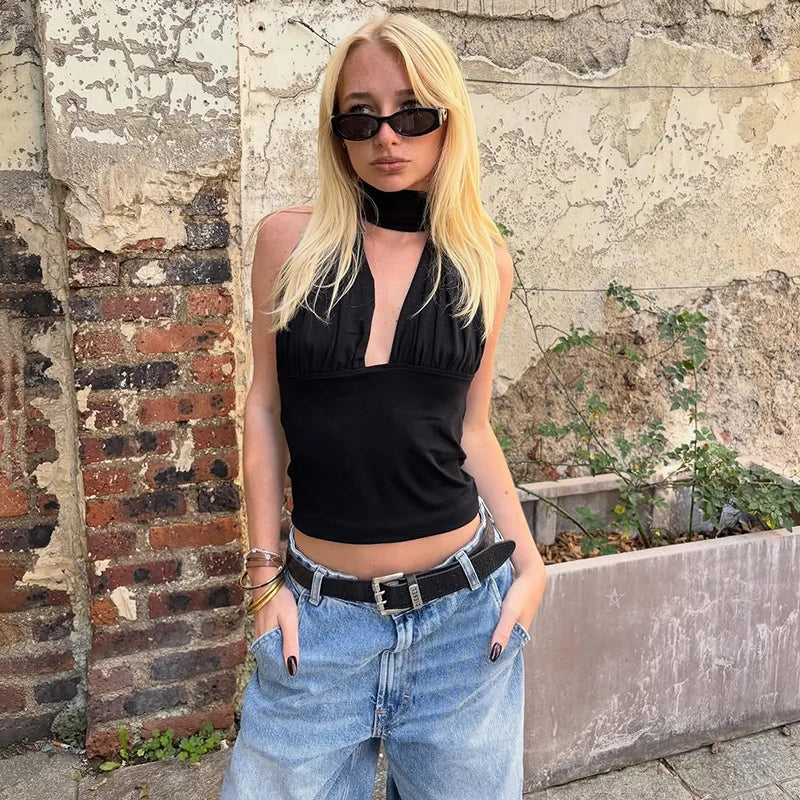 Halter Neck Backless Sexy Vest Women's Summer Slim Strappy Fashion Elasticity V-Neck Vest Solid Vacation Party Female Top 2026