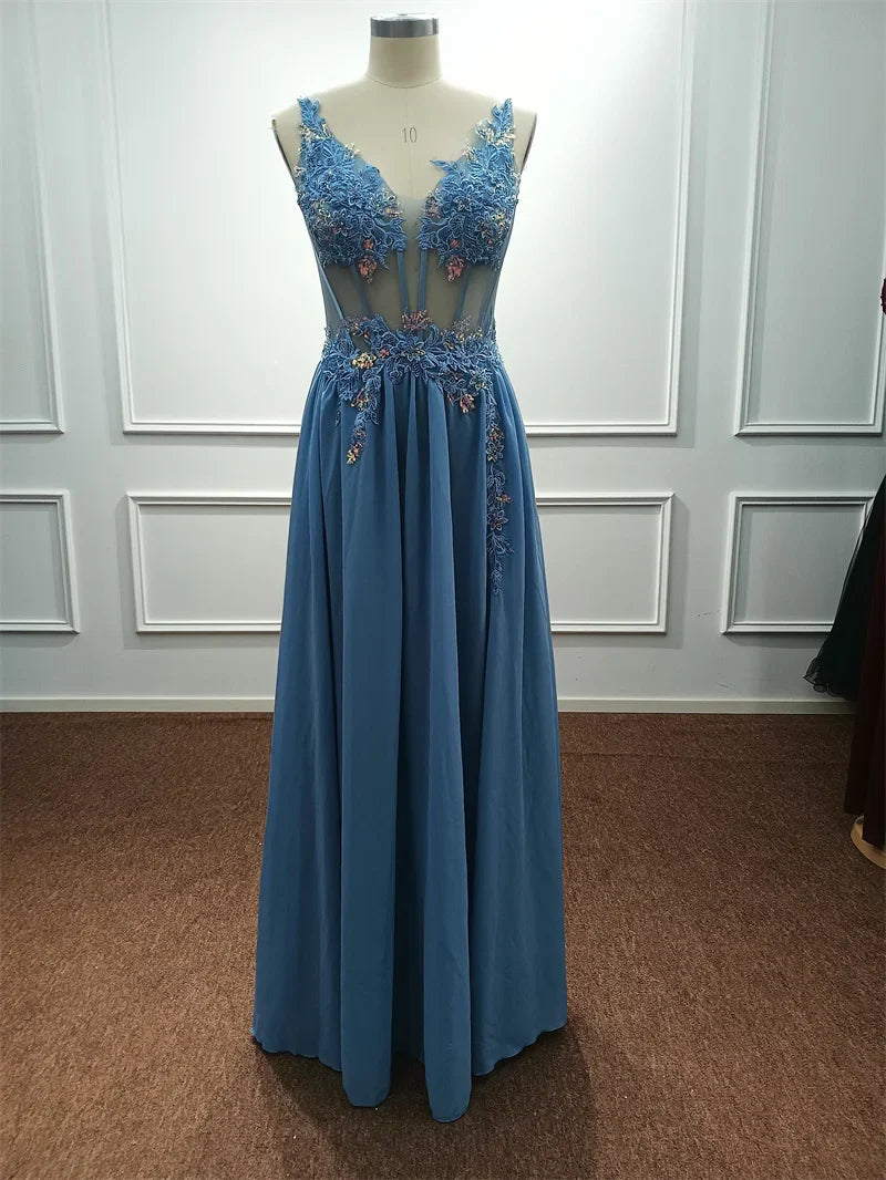Real Photos Delicate Multi Color Prom Dress V Neck Beaded Appliques Illusion Spaghetti Strap Evening Gowns Lightning Delivery