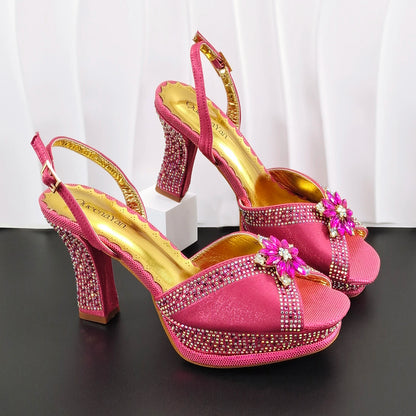 INS New Arrival Colorful Crystral Decoration Design Elegant Mature Party Wedding Peep Toe Ladies High Heels and Bag Set