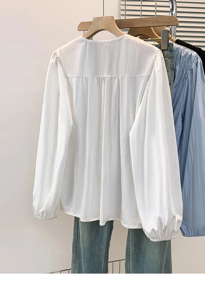 2026 V-neck Long Sleeved Plus Size Shirt Loose Pleated Ruffle Oversized Tops Ladies Chic Elegant Solid Versatile Blouse