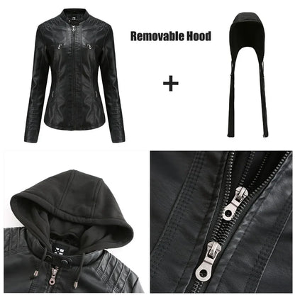 Women’s hooded jacket coat set, detachable design, faux leather, spring autumn, regular fit, L–XXL