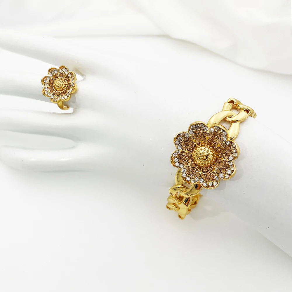 Vintage Jewelry Sets For Women Plant Flower Big Pendant Quality Necklace Earrings Ring Bracelet Set Jewelry Trending
