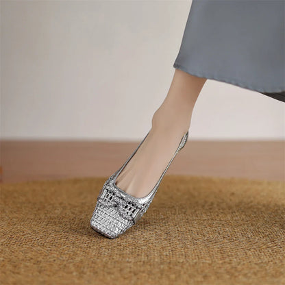 Women's genuine leather braided microfiber patchwork summer breathable pumps crystal buckle 4cm thick med heel daily dress shoes