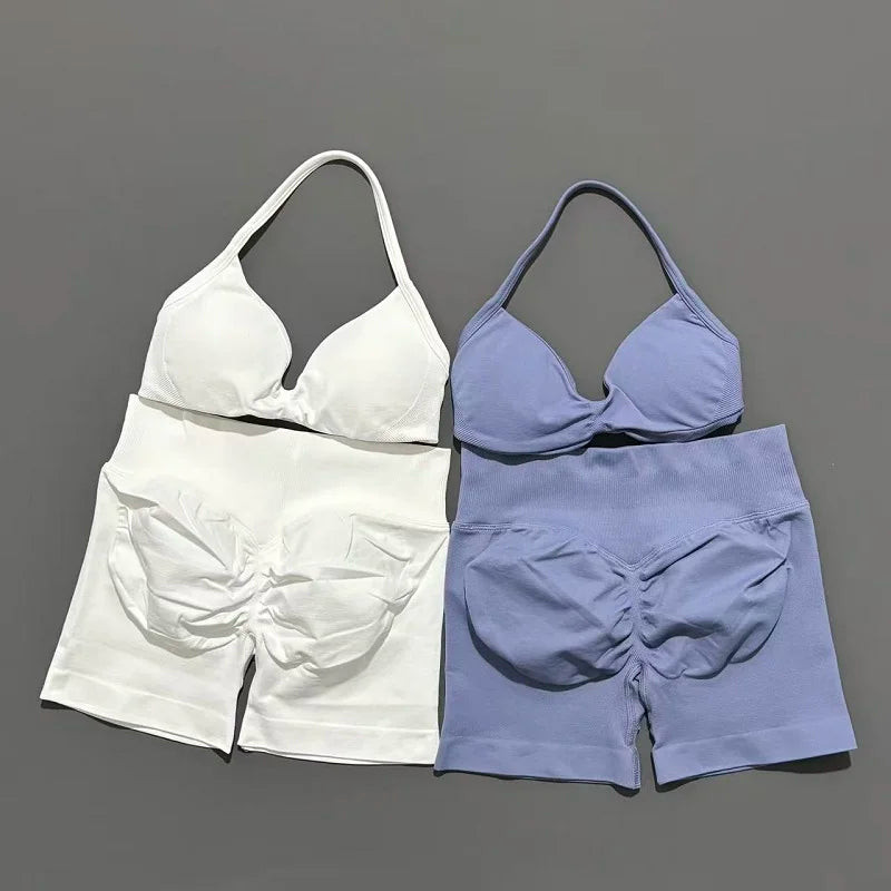 2 Piece Sport Set Women Seamless Yoga Tank Bra High Waist Scrunch Bum Gym Shorts Sets Fitness Running Workout Suit