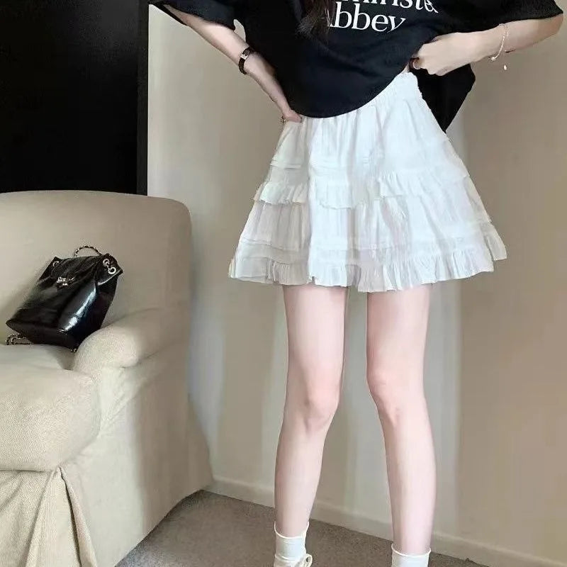 Summer Kawaii White Ruflles Skirt Women Fashion Slim Fit Mini Skirts Girls Y2k Versatile Elastic High Waist A-Line Back Faldas
