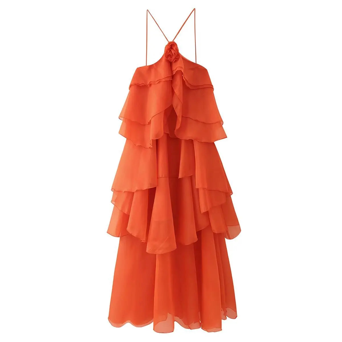 3d Floral Maxi Dress Loose Pleated Hem Halter Robes Sleeveless Ruffles Edge Party Vestidos Lady Summer Gown Clothes