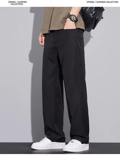 2026 Summer Thin Men's Loose Pants with Large Pockets Work Style Casual Straight Solid Color Male Simple Baggy Pants