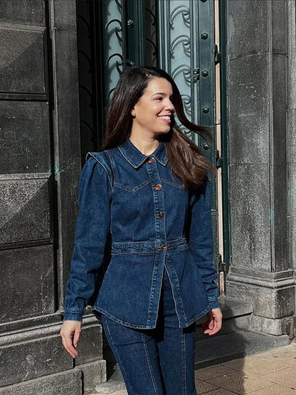 Waist Cinching Split Top Single Breasted Slim Flared Pants Woman Sets Patchwork Jeans Flounce Denim Jacket Casual Women's Suits