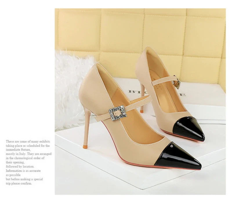 Banquet High Heels Thin Heels Light Mouth Color-Blocked Pointed Toe Rhinestones One-Strip Ultra High Heels Single Shoes Elegant