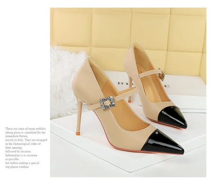 Banquet High Heels Thin Heels Light Mouth Color-Blocked Pointed Toe Rhinestones One-Strip Ultra High Heels Single Shoes Elegant
