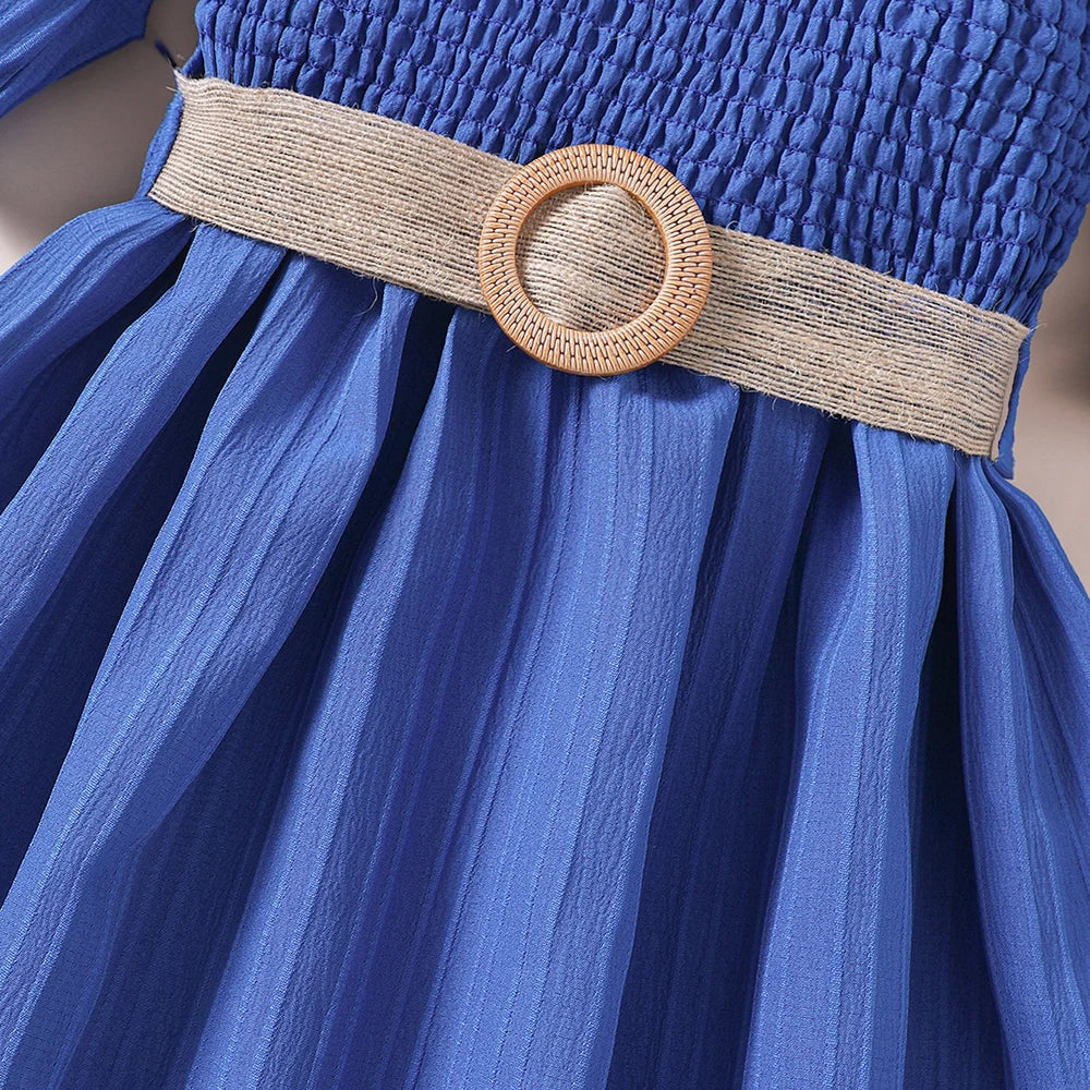 Vestido Feminino de Verão Ombro a Ombro Cinto Cor Sólida
