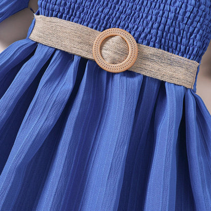 Vestido Feminino de Verão Ombro a Ombro Cinto Cor Sólida
