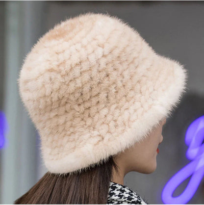Woman Hat Winter Solid Mink Caps With Flower Natural Mink Fur Hats New Russian Girl Soft Knitting Real Fur Bucket Hats 2026 Warm