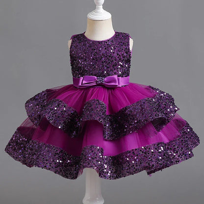 Summer New Beaded Bow Tie Sequin Mesh Children's Sleeveless Evening Dress School Graduation Party Multi Layered Dress