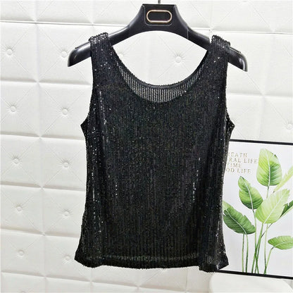 Sparkling Sequins Round Neck Vest Women's Outer Wear 2022 Summer New Bright Silk Fashion Glitter Bottoming Shirt Suspender Top