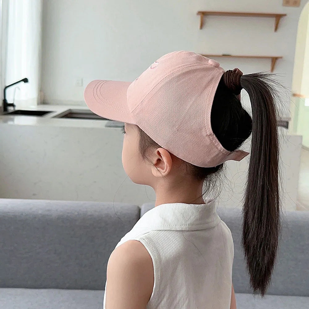 Kids Baseball Caps for Boys Girls Sun Hat Love Heart Hollow High Ponytail Caps Children Adjustable Baseball Caps for 4-12 Years