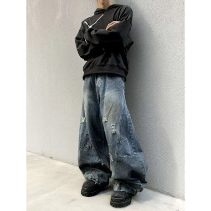 Autumn New Men's 98% Cotton Jeans American Y2k Streetwear Hole Patchwork Design Denim Pants Youth Straight Baggy Stretch Jeans