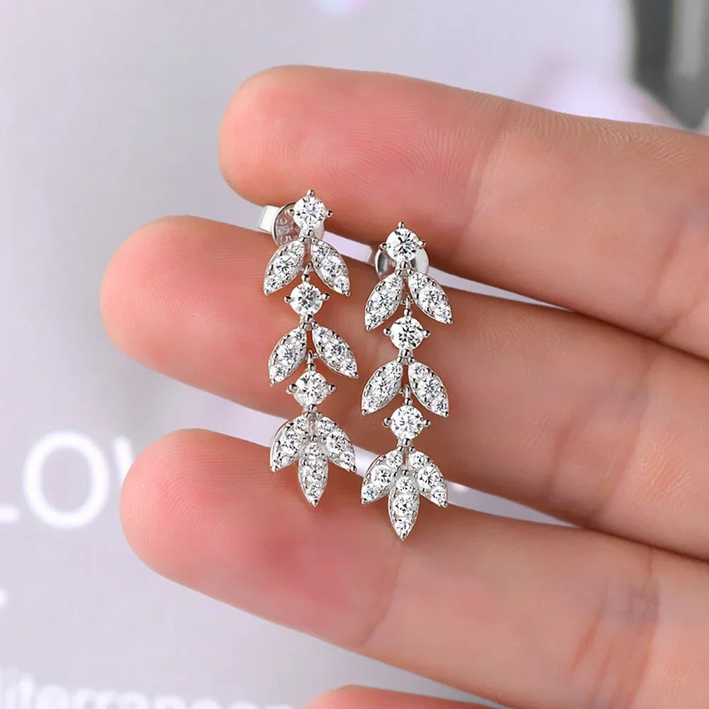 0.6cttw Long Tassel Moissanite Diamond Drop Earrings for Women 925 Sterling Silver Plated Gold Luxury Leaf Earrings Fine Jewelry