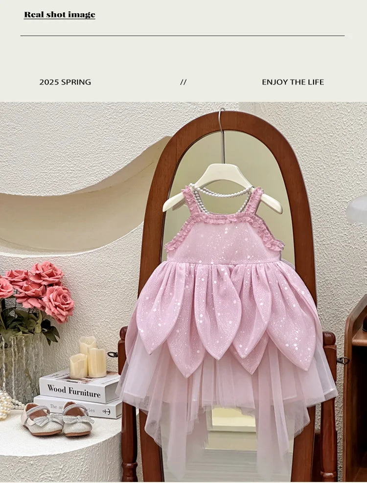 Girls Dress 2025 Summer New Flower Fairy Princess Strap Dress Super Fairy Children Birthday Princess Dress