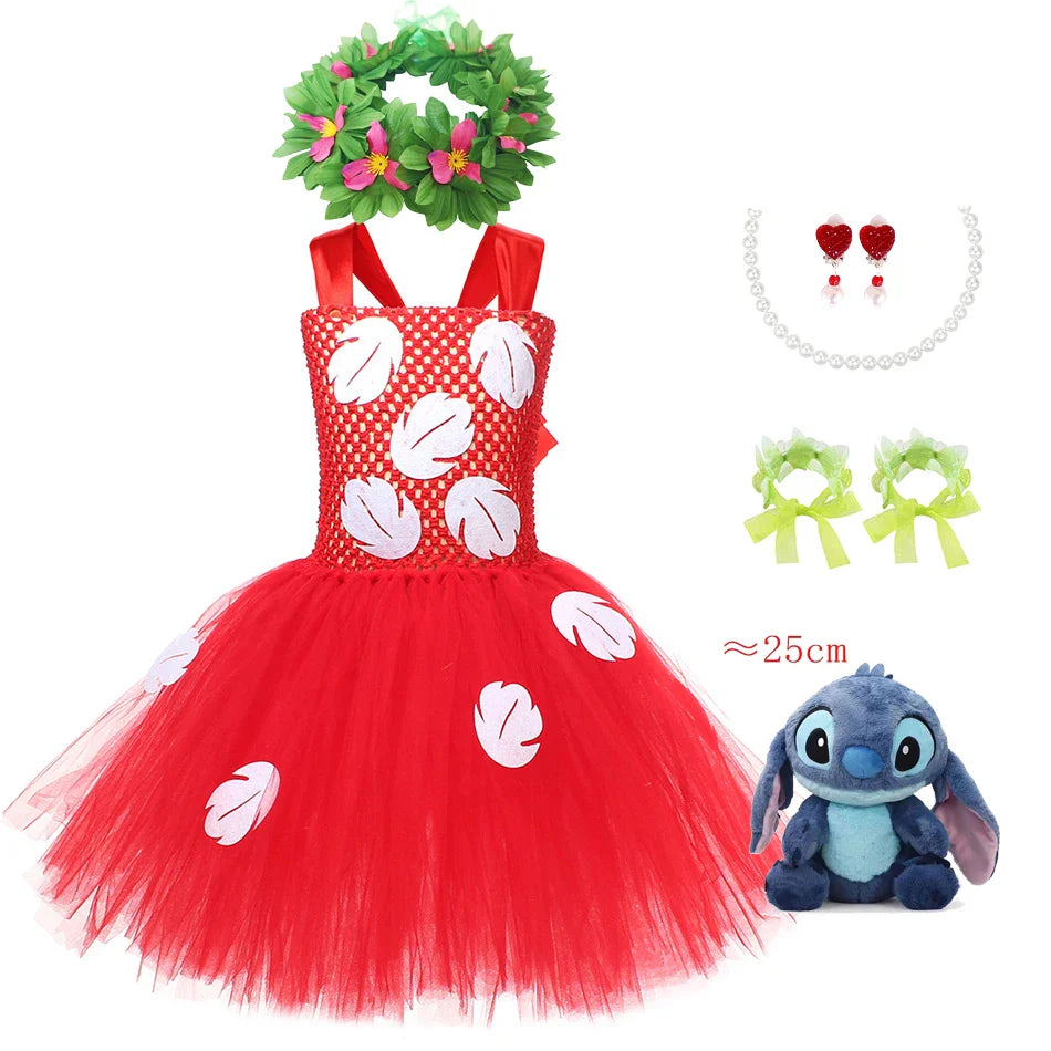 Kids Cosplay Dress for Girls Lilo Inspired Hawaiian Costume With Wreath Necklace Bag Doll for Halloween Birthday