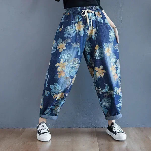 Women Ankle-length Jeans Fashion Harajuku Vintage Print Casual Trouser