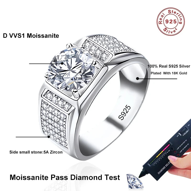 1ct D Color Moissanite Wedding Band Men Ring 925 Sterling Silver with Gold Plated Wedding Engagement Rings Gift For Man