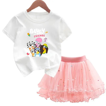 2Pcs/Set Girl Dress Kid Birthday Clothes Party Princess Dress Cartoon T-shirt+Tutu Skirt Summer Evening Christmas Gift