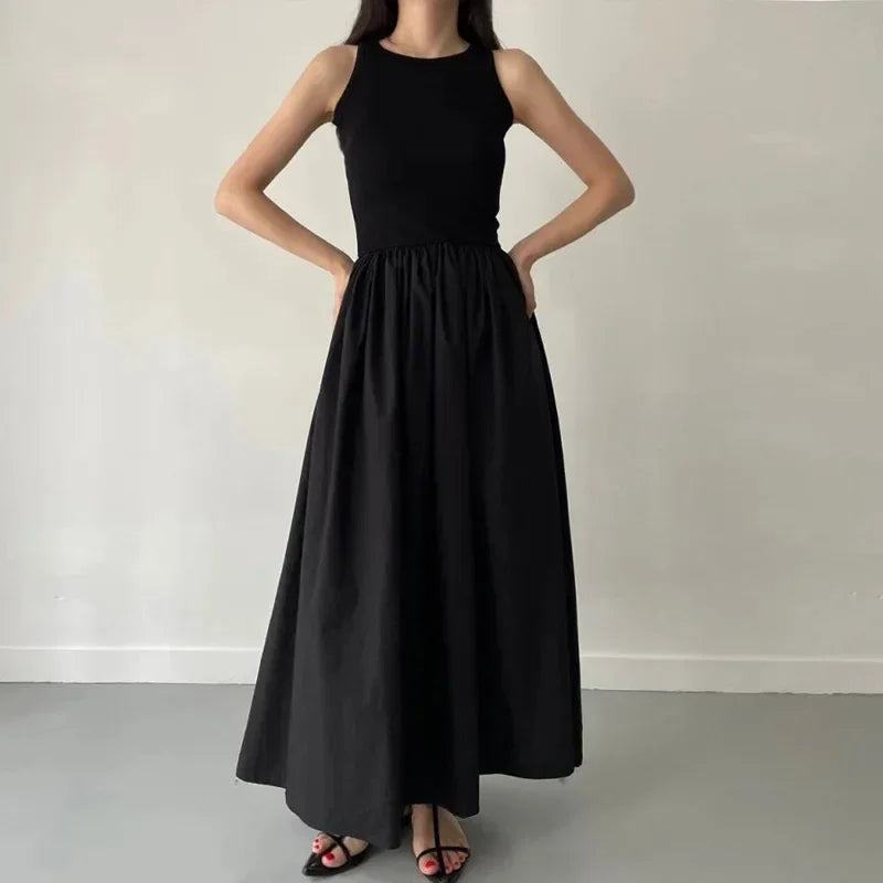 Simple Elegant Black Long Dresses For Women Round Neck Sleeveless High Waist Temperament Female Fashion Style Dress