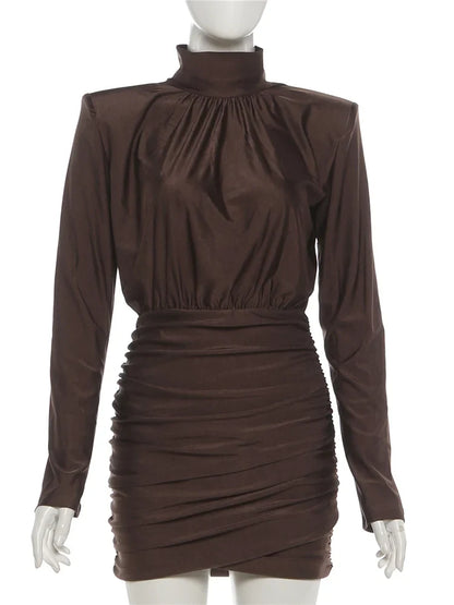Classic Turtleneck Dress Women Shoulder Padded Ruched Sexy Office Commute Simple Peach Hip Skinny Elegant Mini Bodycon