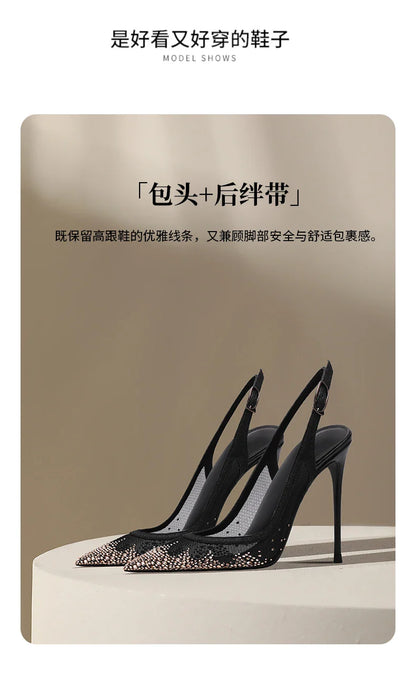 New Baotou sexy sandals with one buckle and summer mesh, rhinestone high heels for women, slim heels, shallow mouth
