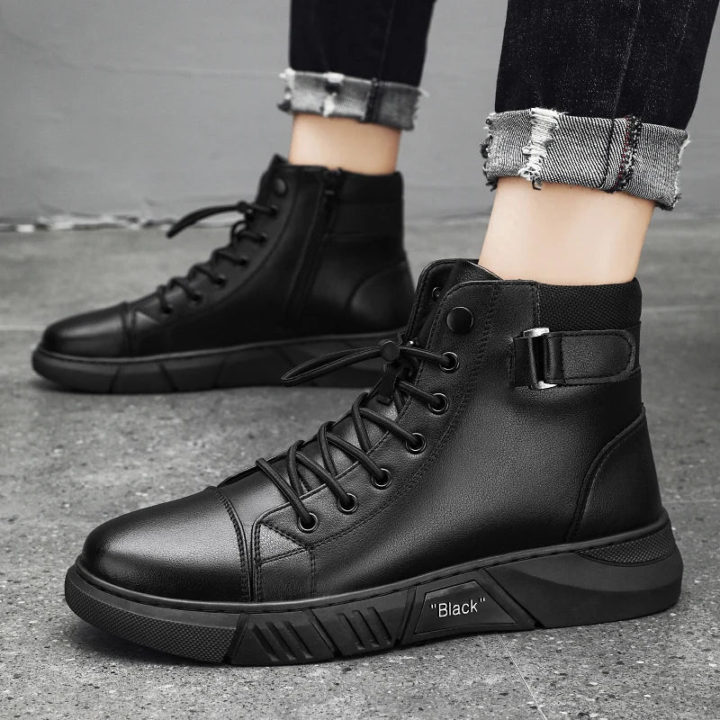 Black Leather Men Ankle Boots Winter Outdoor Casual Shoes No-slip High Top Male Work Shoes High Quanlity Light Man Chelsea Boots