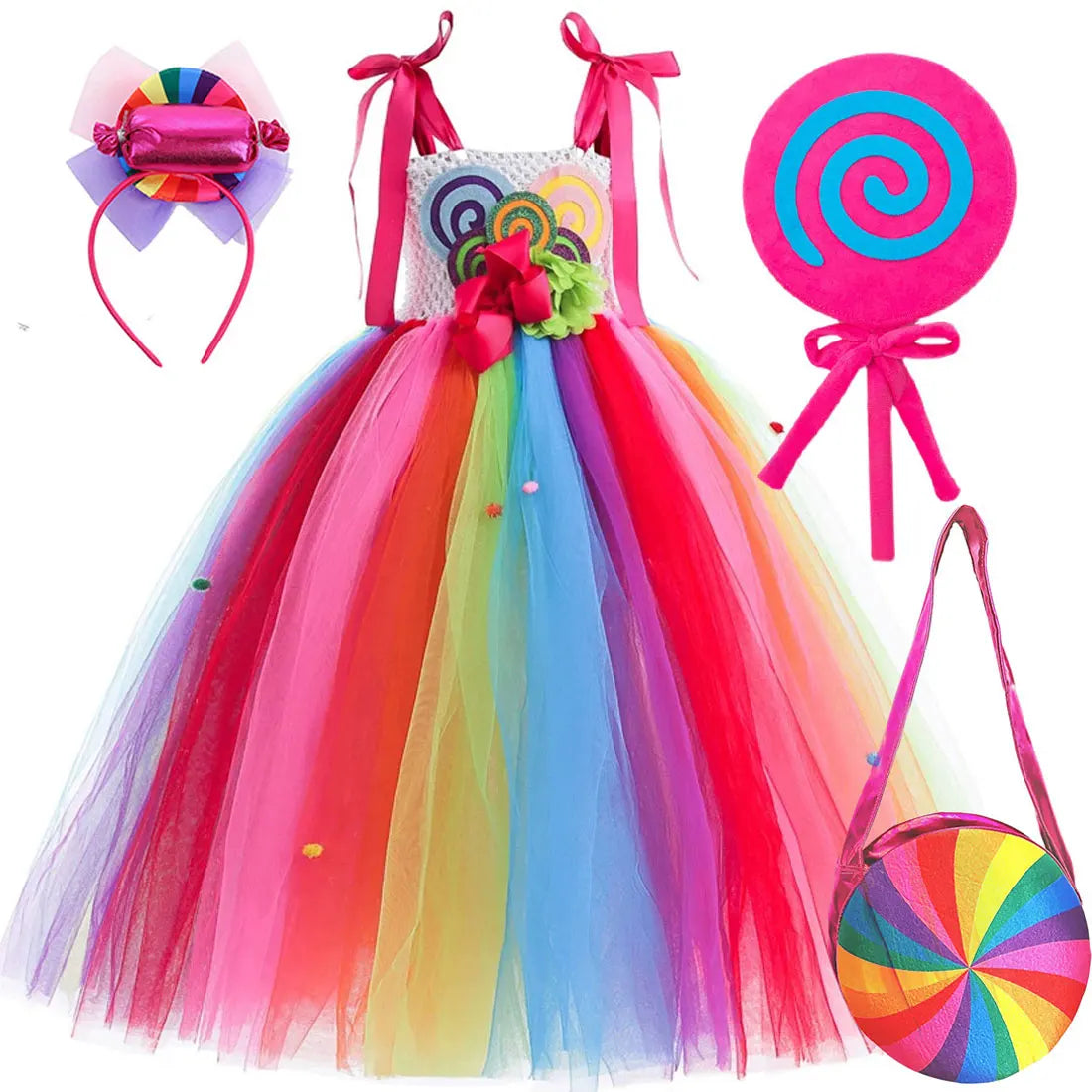 2026 New Candy Dress For Baby Girl Purim Carnival Birthday Costume Fancy Rainbow Short Sleeve Cute Dress + Accessories Set