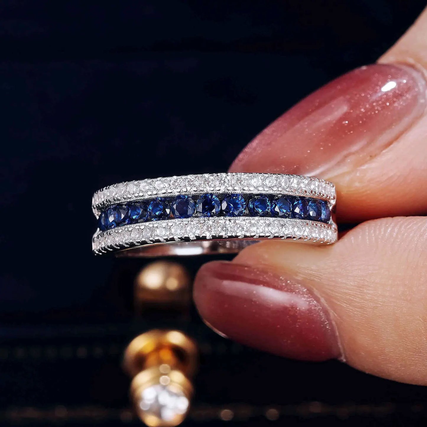 White and Blue Created Sapphire Rings for Women Half Eternity Wedding Band Cubic Zircon Party Ring