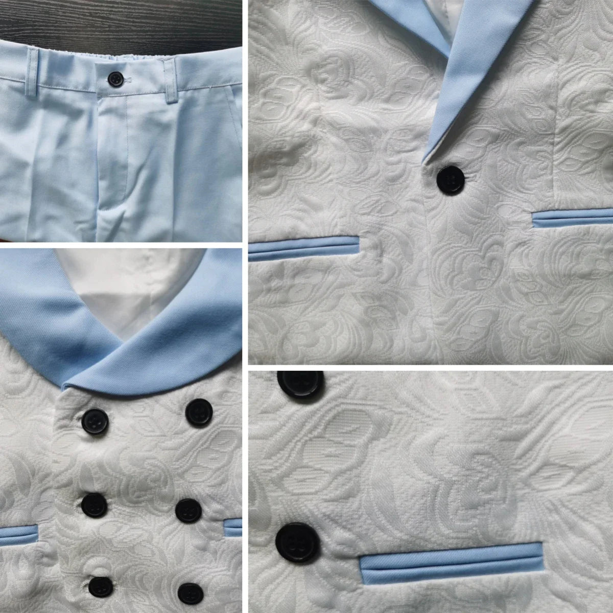Premium Boys White And Light Blue Contrast Formal Suit Set 4PCS Design Elegant Occasion Wear For Wedding Banquet Performance