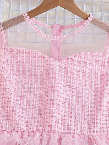 Summer Girls Sweet And Cute Sleeveless Solid Color Cake Fluffy Princess Dress Fashionable Casual Mesh Dress