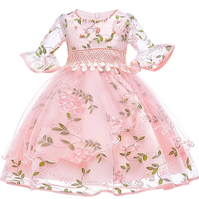 2023 Summer Party Dresses For Girls Kids Embroidery Flower Girl Dress Half Sleeves Children Elegant Birthday Princess Dresses
