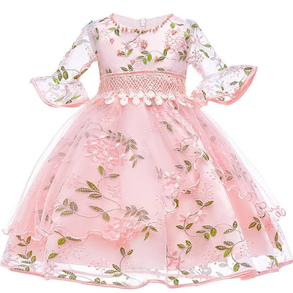 2023 Summer Party Dresses For Girls Kids Embroidery Flower Girl Dress Half Sleeves Children Elegant Birthday Princess Dresses