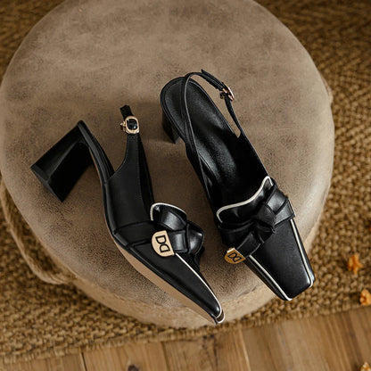 2025 French Style Genuine Leather Sandals Women Covered Toe Butterfly Knot Party Dating Sandals Office Ladies Pumps