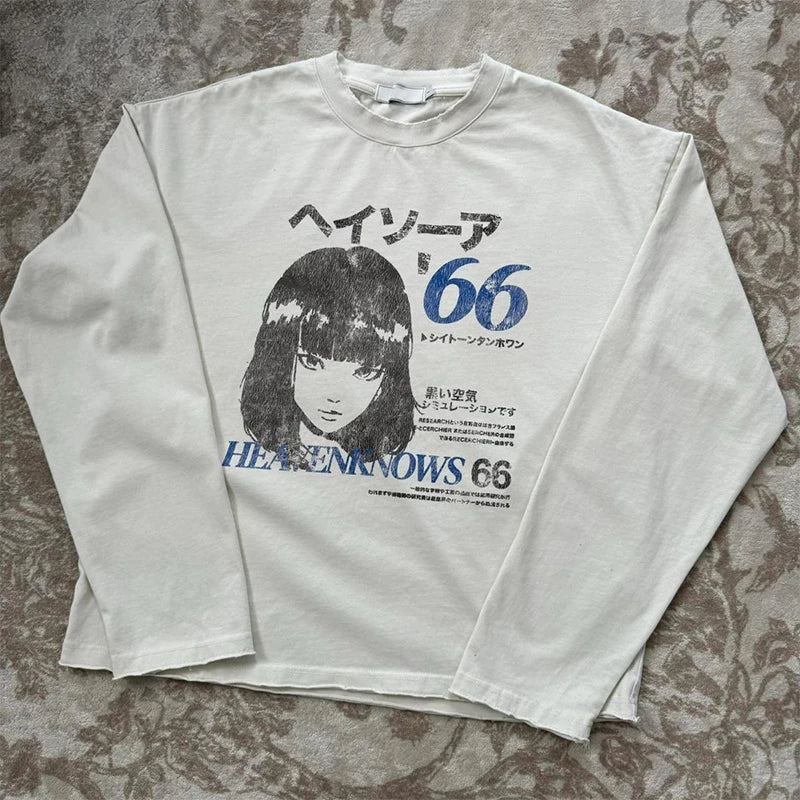 Men Cartoon Long Sleeved T-Shirts Harajuku Kawaii Tees Streetwear Loose Clothes Tops Cotton Men's Printed Tops Y2k Clothes