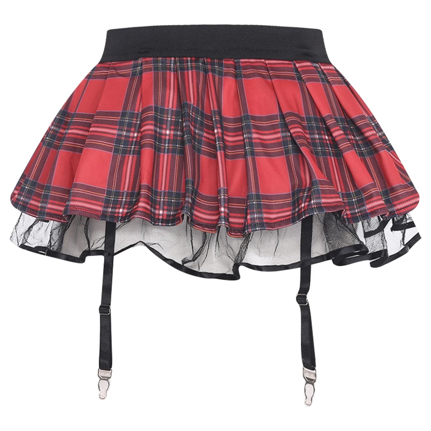 Women's Miniskirt with Garters Schoolgirl Cosplay Costume Plaid Layer with Tulle Lining Elastic Waistband Short Skirt Clubwear