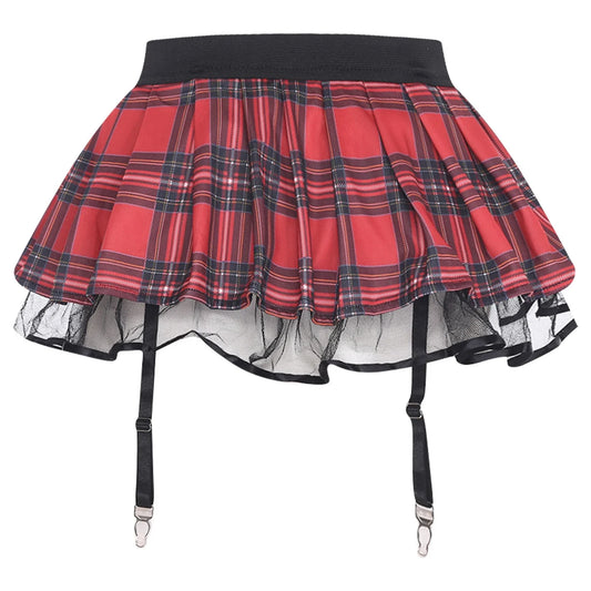 Women's Miniskirt with Garters Schoolgirl Cosplay Costume Plaid Layer with Tulle Lining Elastic Waistband Short Skirt Clubwear