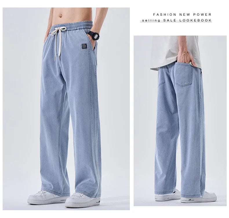 Brand Soft Jeans for Men Spring Thin Draped Comfortable Straight Trousers Drawstring Male Baggy Denim Pants Streetwear