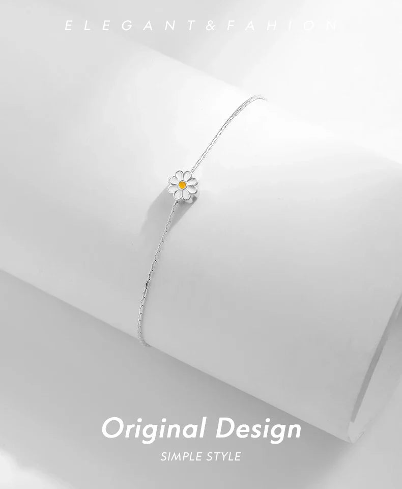 925 Sterling Silver Exquisite Enamel Daisy Flowers Bracelet Trendy Adjustable Snake Chain For Women Valentine’s Day Gifts